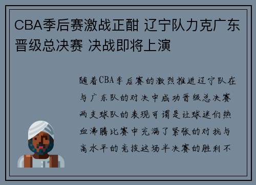 CBA季后赛激战正酣 辽宁队力克广东晋级总决赛 决战即将上演