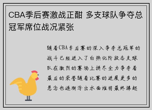 CBA季后赛激战正酣 多支球队争夺总冠军席位战况紧张