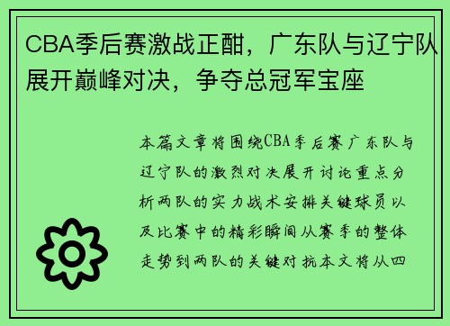 CBA季后赛激战正酣，广东队与辽宁队展开巅峰对决，争夺总冠军宝座